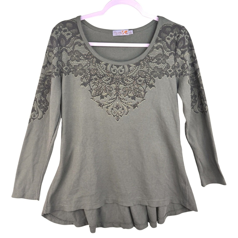 Unity World Wear Olive Green Waffle Knit Rhinestone Lace Print Top Large L